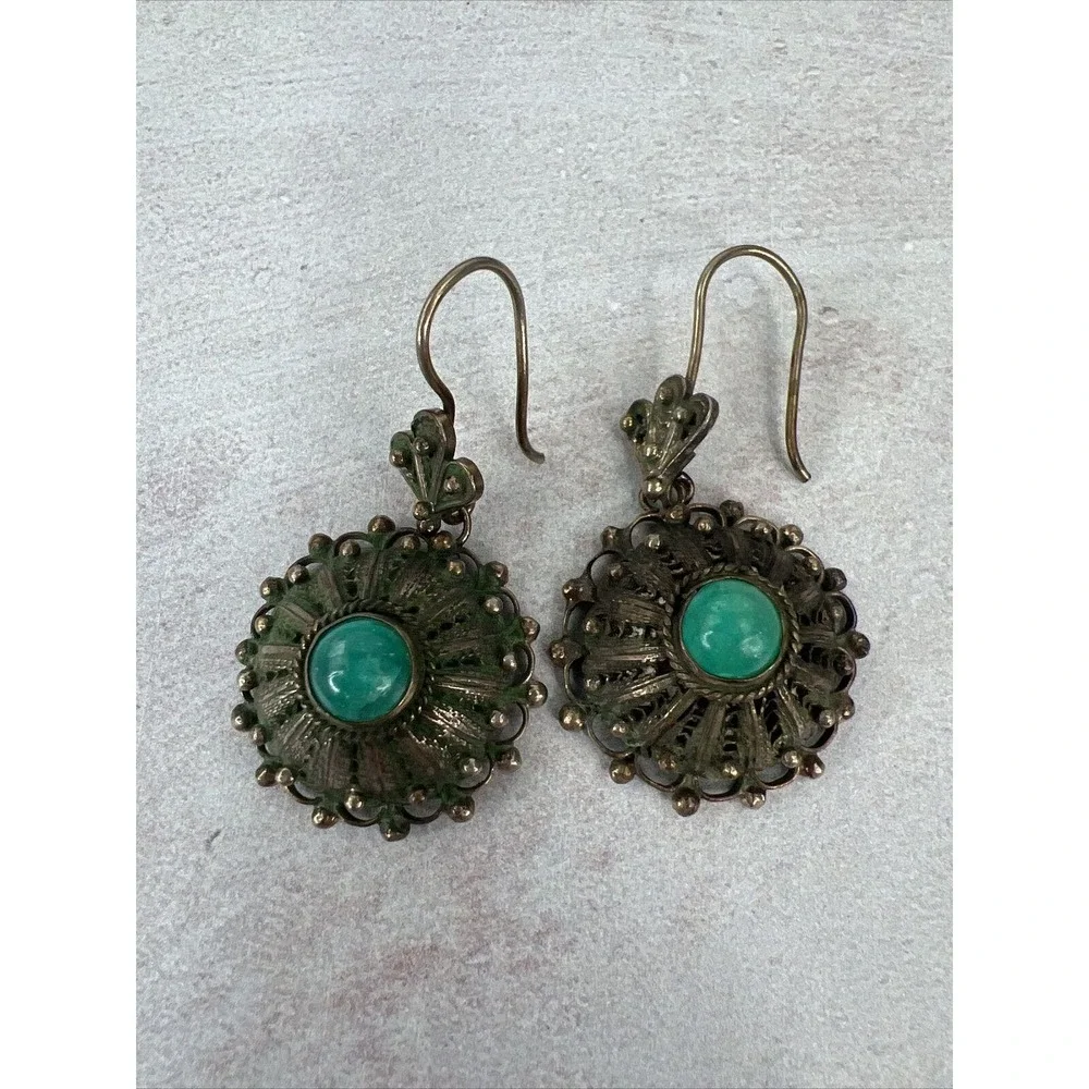 Antique Bronze Earrings Green Glass Dangle Patina Bold Beautiful Classic‎